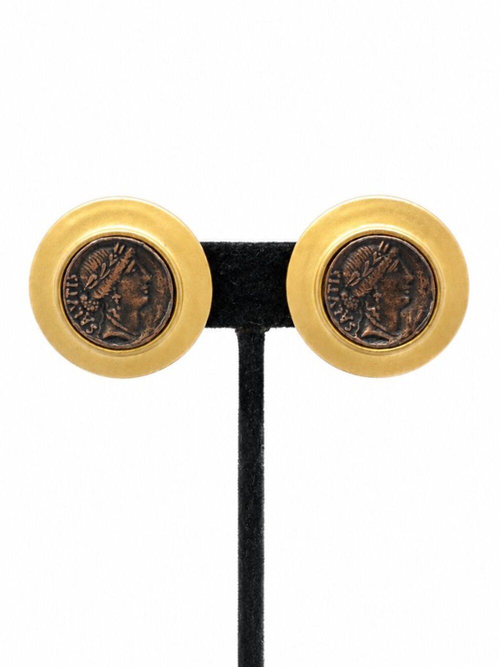 VINTAGE COIN EARRINGS Roman Greek Profile Clip On Matte Gold Tone 1.25"